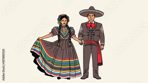 Mexican couple in traditional attire holding hands.