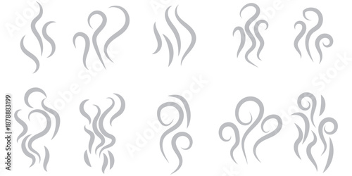 Smoke steam icon vector logo set. Smoke smell, steam aroma heat icon illustration. Hot vapor fire doodle line logo. Hit stink, coffee, fragrance flame elements. Vector illustration.