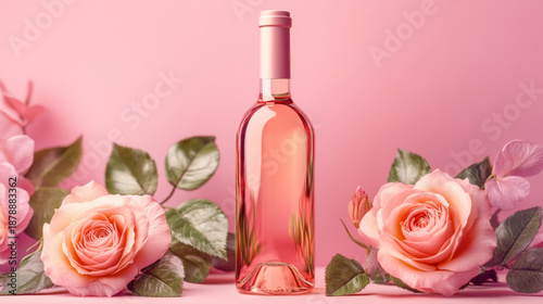 Elegant Rose Wine Bottle with Pink Roses in Romantic Setting