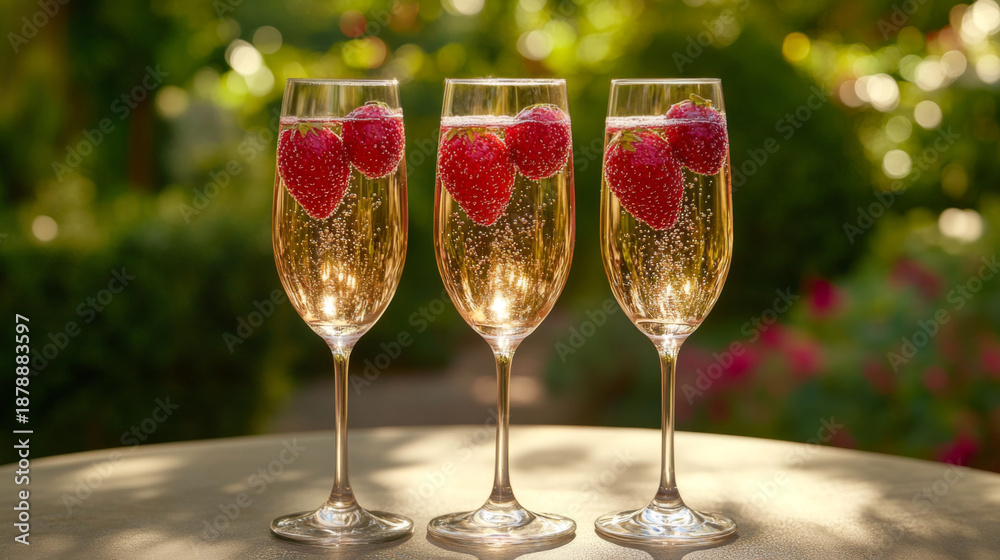 Obraz premium Sparkling Champagne with Strawberries in Sunlit Garden