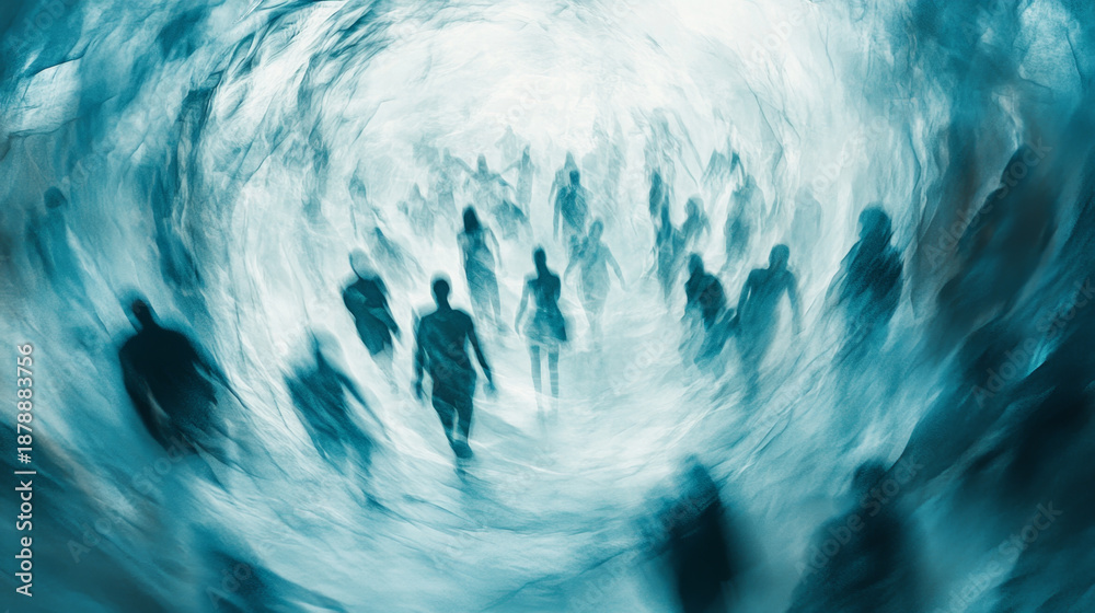 Fototapeta premium Silhouetted Figures Walking Toward a Bright Light