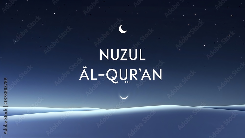 Fototapeta premium Nuzul alquran holy night with crescent moon in the dark blue sky