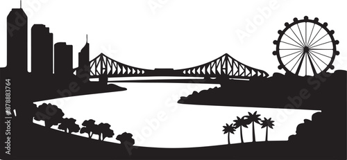 Detailed city skyline silhouette showing bridge waterfront buildings and lush vegetation area on shore