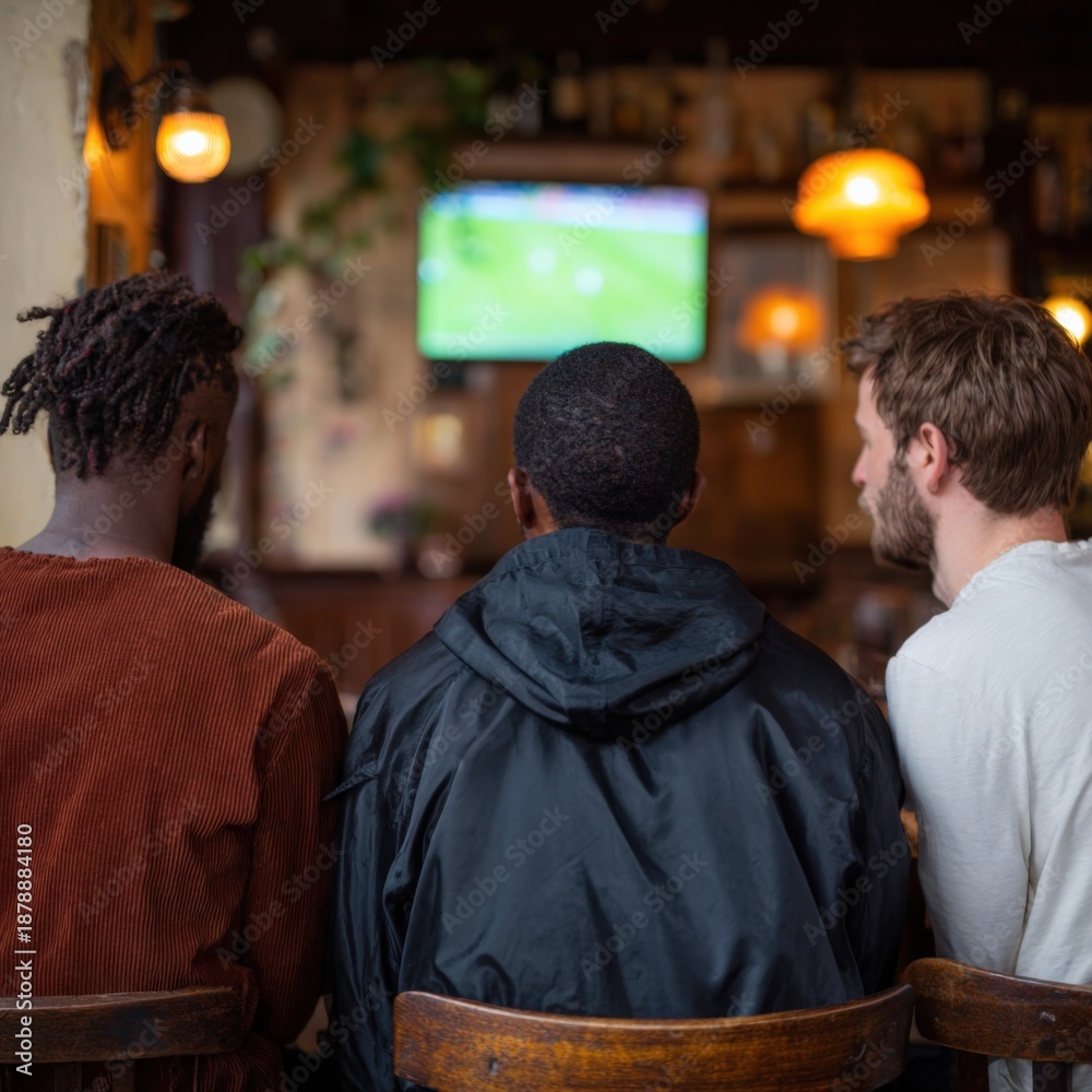 Obraz premium Young friends watching sports in a cozy pub setting
