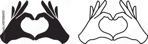 Hand Heart Gesture Vector Icons Set - Silhouette and Outline Styles for Love and Friendship Design