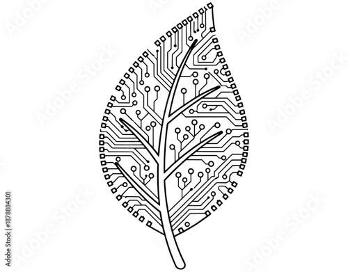 Digital Green Technology and Biotechnology Icon. Minimalist Vector Illustration of a Leaf with Electronic Circuit Board Pattern for Sustainable Innovation and Future Eco Tech Concept.