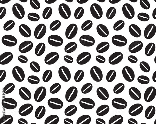 Seamless pattern with scattered coffee beans black silhouette illustration on a transparent gray grid background vector
