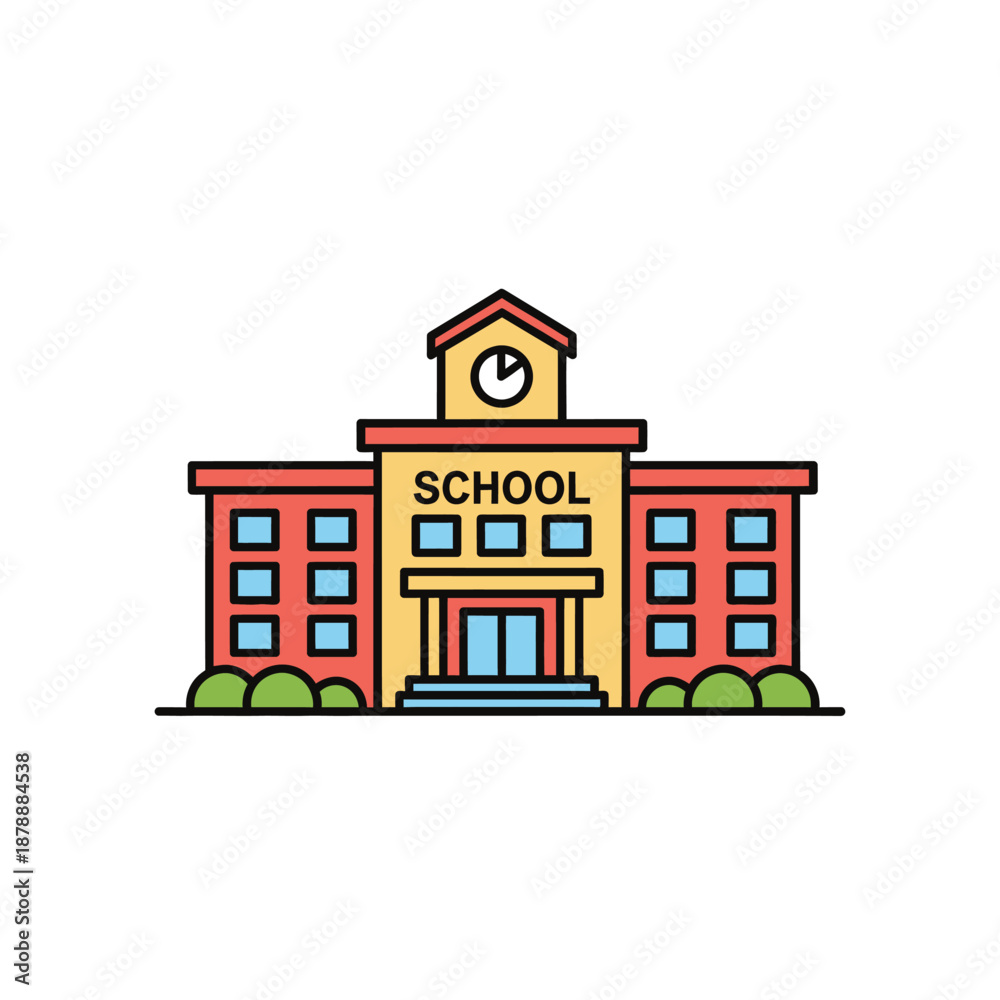 Obraz premium Colorful, flat illustration of a school building with a clock tower and surrounding bushes, perfect for educational and architectural themes