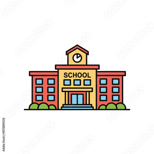 Colorful, flat illustration of a school building with a clock tower and surrounding bushes, perfect for educational and architectural themes