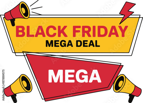 Black friday mega deal announcement banner with megaphones loudspeakers and lightning bolt shape elements