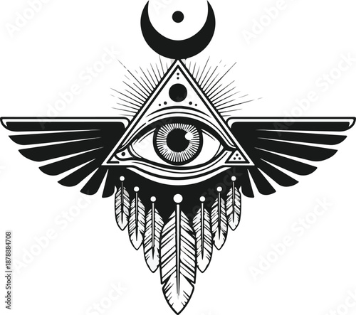 Mystical Eye of Providence with Wings and Feathers Symbol.