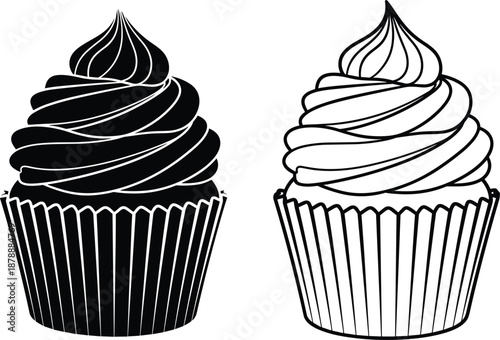 Black and white vector illustration of a sweet cupcake with swirled frosting, minimalist bakery dessert icon, celebration snack design, isolated on white,