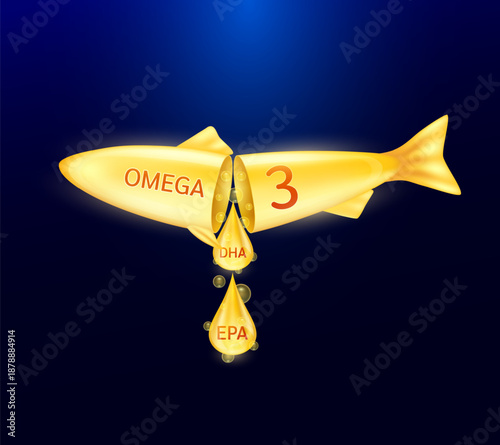 Drop fish oil DHA and EPA shining orange out of the omega 3 capsule in fish shape. For design dietary supplement products. 3D Vector.