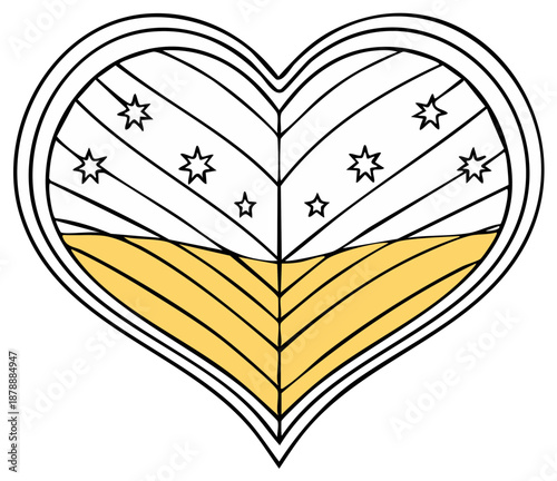 Heart-shaped heraldic emblem with stars and stripes on a white background, symbolizing love and protection.