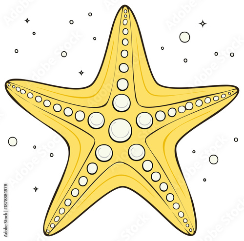 Yellow starfish with white circles and bubbles sea creature illustration