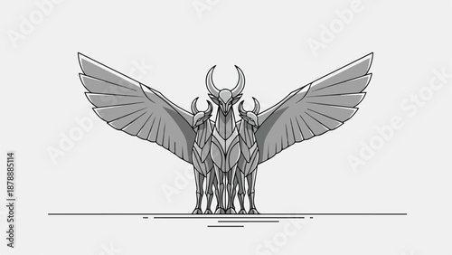 Mythical winged creature with three horned heads a majestic and powerful beast.