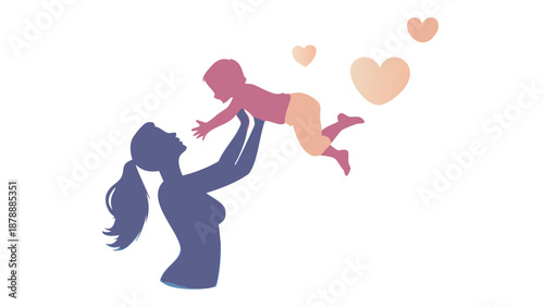 Gentle silhouette of a mother lifting a baby high in the air, love and motherhood concept, soft and clean vector shapes.