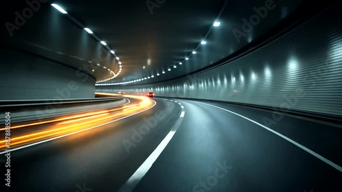Nighttime traffic flow through illuminated tunnel capturing swift motion and light trails