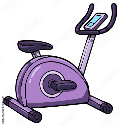 Cartoon illustration of a purple stationary exercise bike for fitness and cardio training