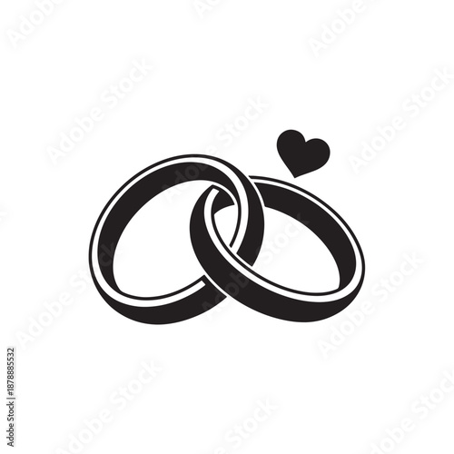 Interlocking Wedding Rings with Heart Minimalist Black And White Vector