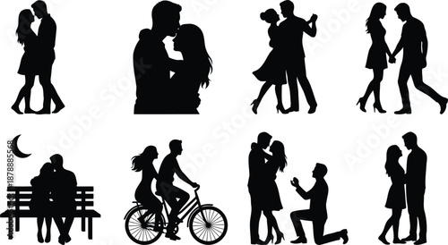 Romantic Couple Silhouettes Set - Collection of Vector Illustrations of Lovers Dancing, Kissing, and Proposing