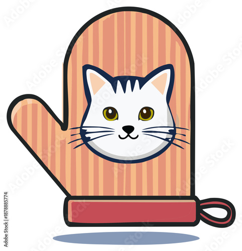 Cute cartoon white cat face on a striped oven mitt with a red cuff and hanging loop