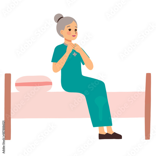 Elderly woman sitting on bed in green outfit with hands on chest  