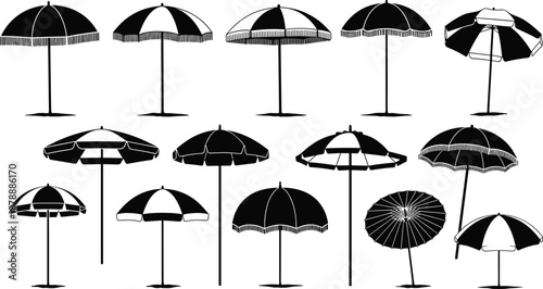 Black and white vector silhouette set of vintage beach umbrellas with fringe and stripes isolated on white background for summer vacation and travel design