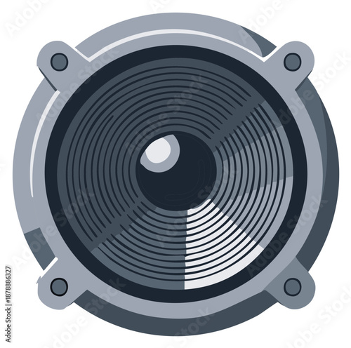 Isolated loudspeaker illustration, single speaker, audio equipment, audio speaker with gray rim and circle pattern