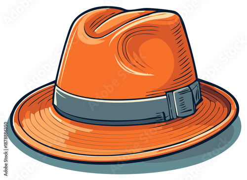 Stylish orange fedora hat with a gray band in a retro comic book style