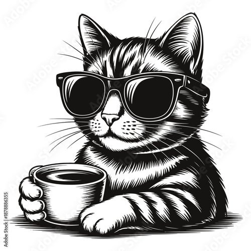 A cool cat wearing stylish sunglasses enjoying a refreshing cup of coffee in black and white
