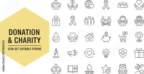 Donation and charity line icon set with editable stroke featuring heart hands and money symbols for non profit design