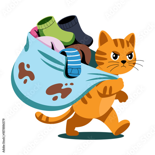 An illustrated orange tabby cat diligently hauls a large, mud-stained bag of dirty clothes