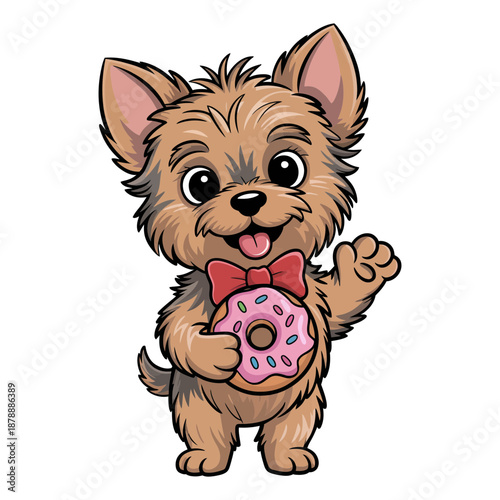 Cute cartoon puppy with a red bow tie holding a delicious pink donut and waving