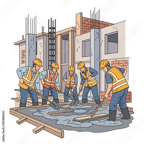 Construction workers pouring concrete on a building site, with a focus on teamwork and manual labor in the construction industry