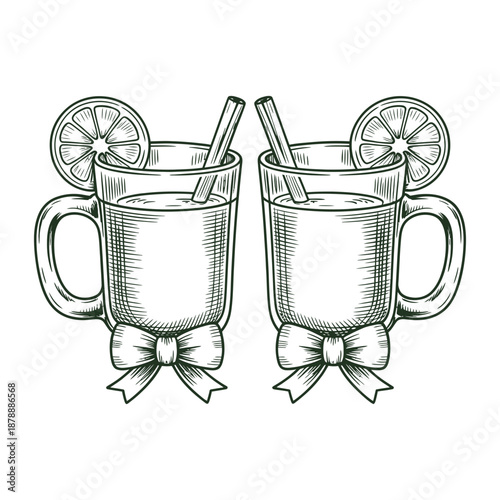 Refreshing hand-drawn sketch of two festive mugs filled with lemonade and garnished with lemon slices