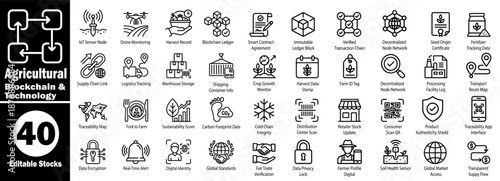 Smart farming and blockchain integration icon set for sustainable agriculture ai Vector Illustrator.