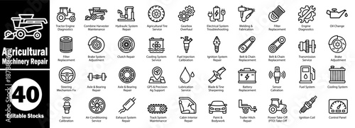 Agricultural machinery repair service icons for tractor and combine maintenance Vector Illustrator.