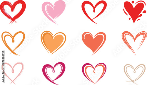Vector collection of colorful hand drawn heart icons featuring brush stroke styles for romantic valentine day design elements