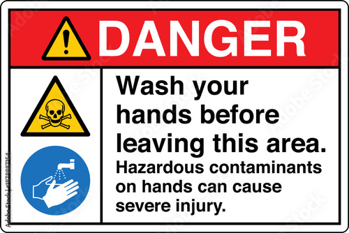 Safety sign DANGER wash your ...