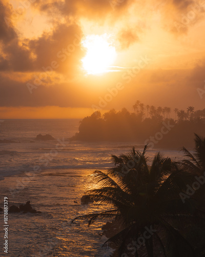 Obraz na płótnie Golden Sunset Over Tropical Beach With Silhouetted Palm Trees
