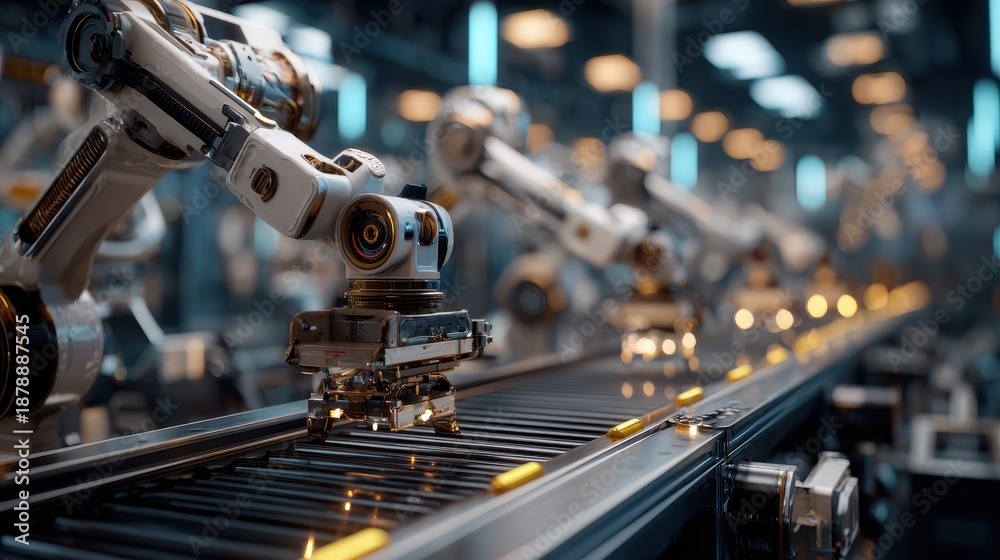 Fototapeta premium Robots work on a production line in a factory during the day, assembling products and moving items along the conveyor belt