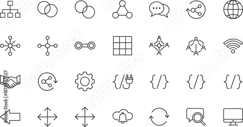 Vector line icon set of connection and network structure featuring coding gear and share symbols for digital interface design