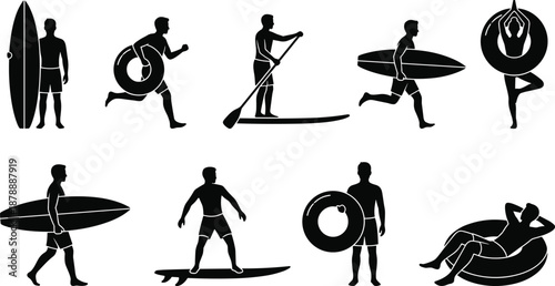 Set of black silhouettes featuring men surfing, paddleboarding, and relaxing with inner tubes for summer beach activities and water sports vector illustration designs.