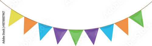 Colorful triangular bunting banner vector illustration with hanging party flags isolated on a white background.