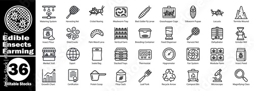 Edible insects breeding and harvesting equipment line icons set Vector Illustrator.