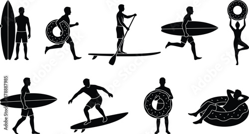 Set of black silhouettes featuring people enjoying summer water activities including surfing, paddle boarding, swimming with inner tubes, and relaxing on a beach vacation.