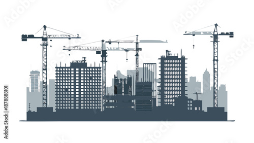 Detailed silhouette of a city construction site with multiple cranes and half-finished skyscrapers, urban development concept