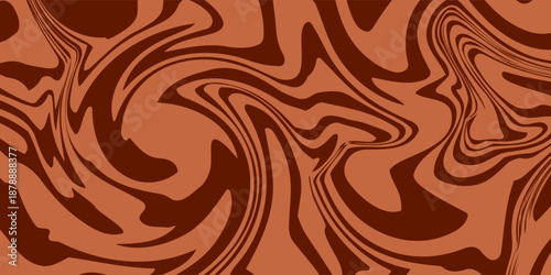Retro coffee color background. Milk chocolate liquid dessert texture. Wavy swirl candy pattern for poster, cover, banner, pamphlet. Vintage brown trippy hippie wallpaper in 60s or 70s style.eps 10