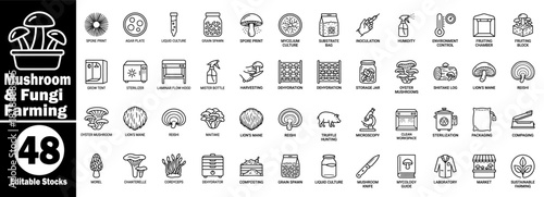 Mushroom and fungi farming line icon set, editable stroke vector Illustrator.